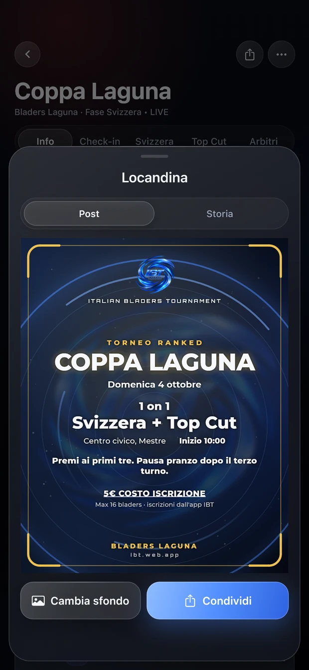 L'anteprima della locandina di un torneo ranked, con i pulsanti Cambia sfondo e Condividi